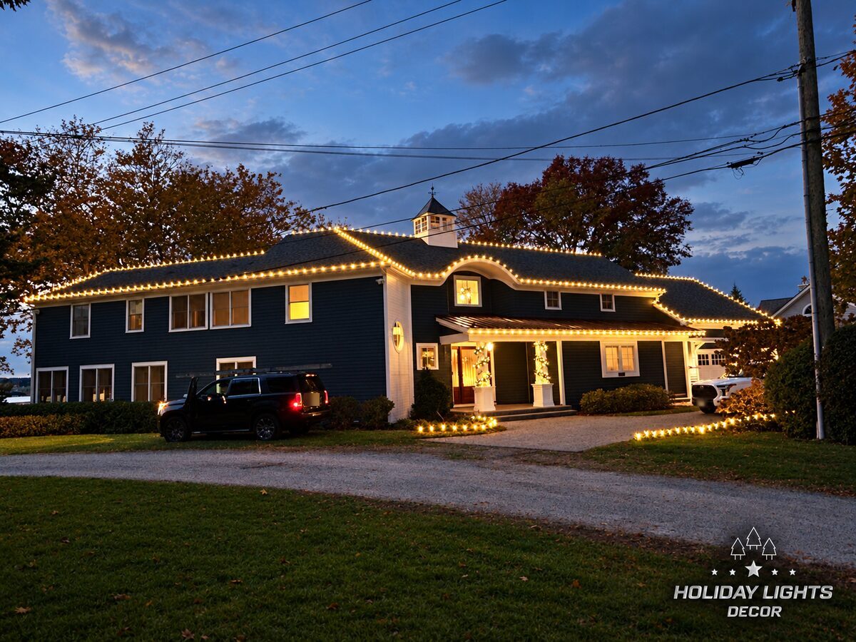 Warm white C9 lights outlining the rooflines, curved dormer and porch of a blue estate home in Waterford, CT at dusk