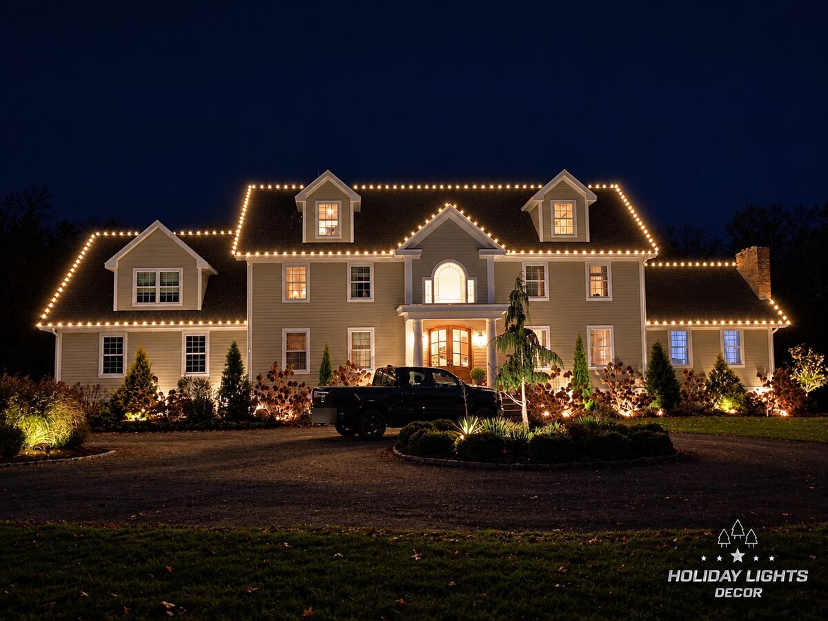 Warm white C9 lights outlining the eaves, dormers, center gable and side wings of a large estate in Killingworth, CT