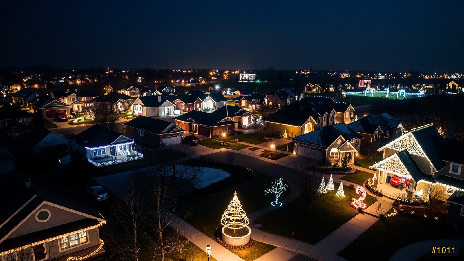 A neighborhood fully lit for the holidays